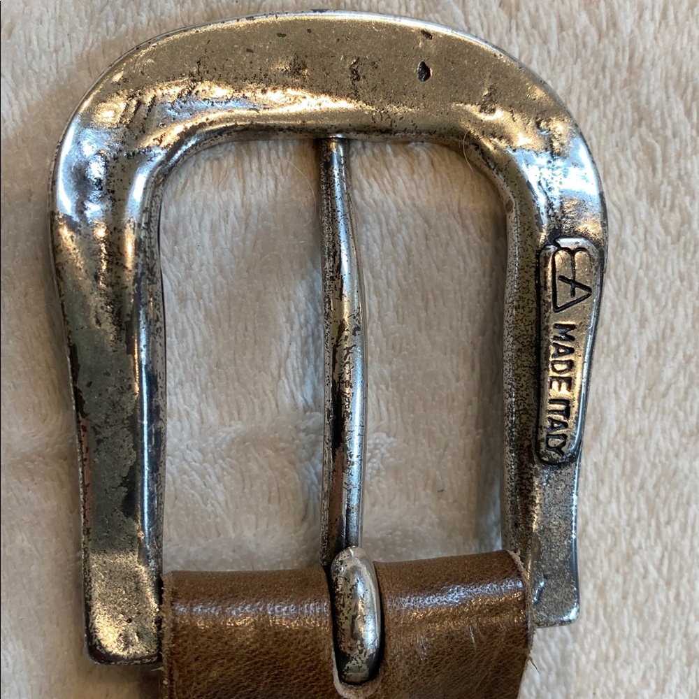 Brave Leather statement silver buckle taupe brown leather belt Sz 34 - Picture 6 of 10